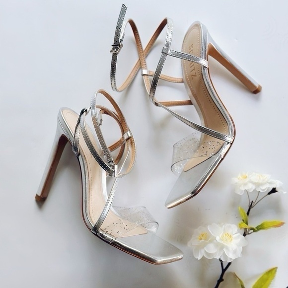 Schutz Aisha Metallic Ankle-Strap Sandals Crystal Prata Silver - Picture 5 of 9